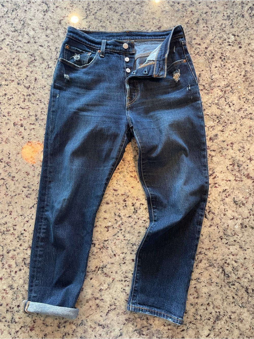 Levi’s 501 Dark Wash Distressed Button-Fly Jeans 28X26